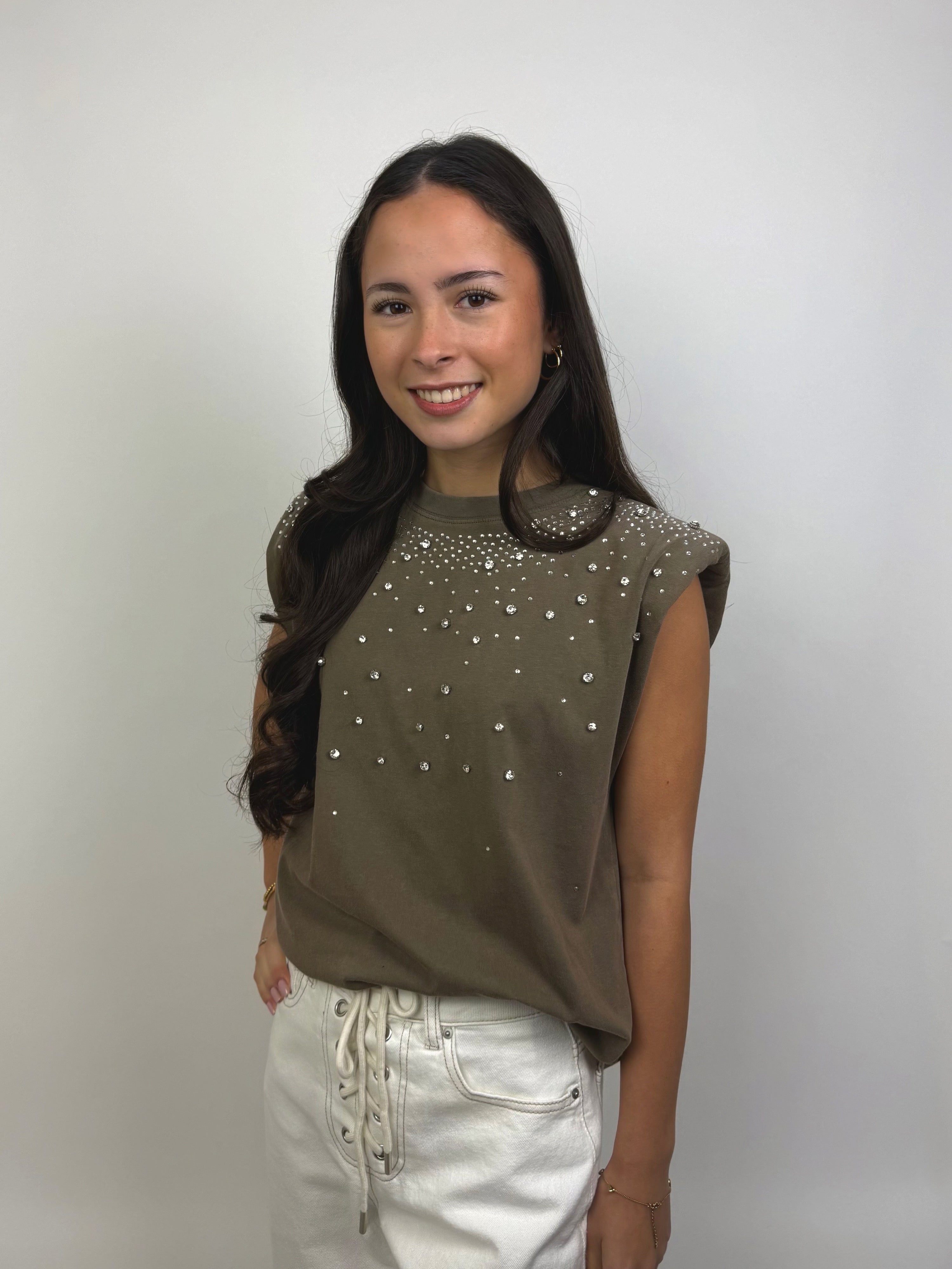 Kaki Top met Diamanten
