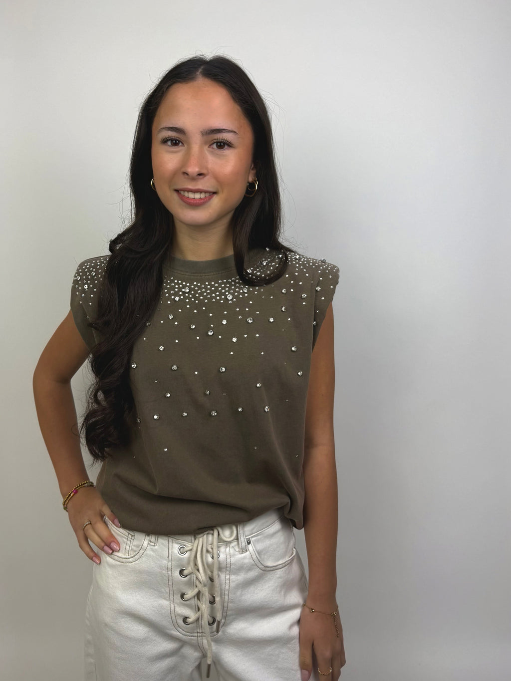 Kaki Top met Diamanten