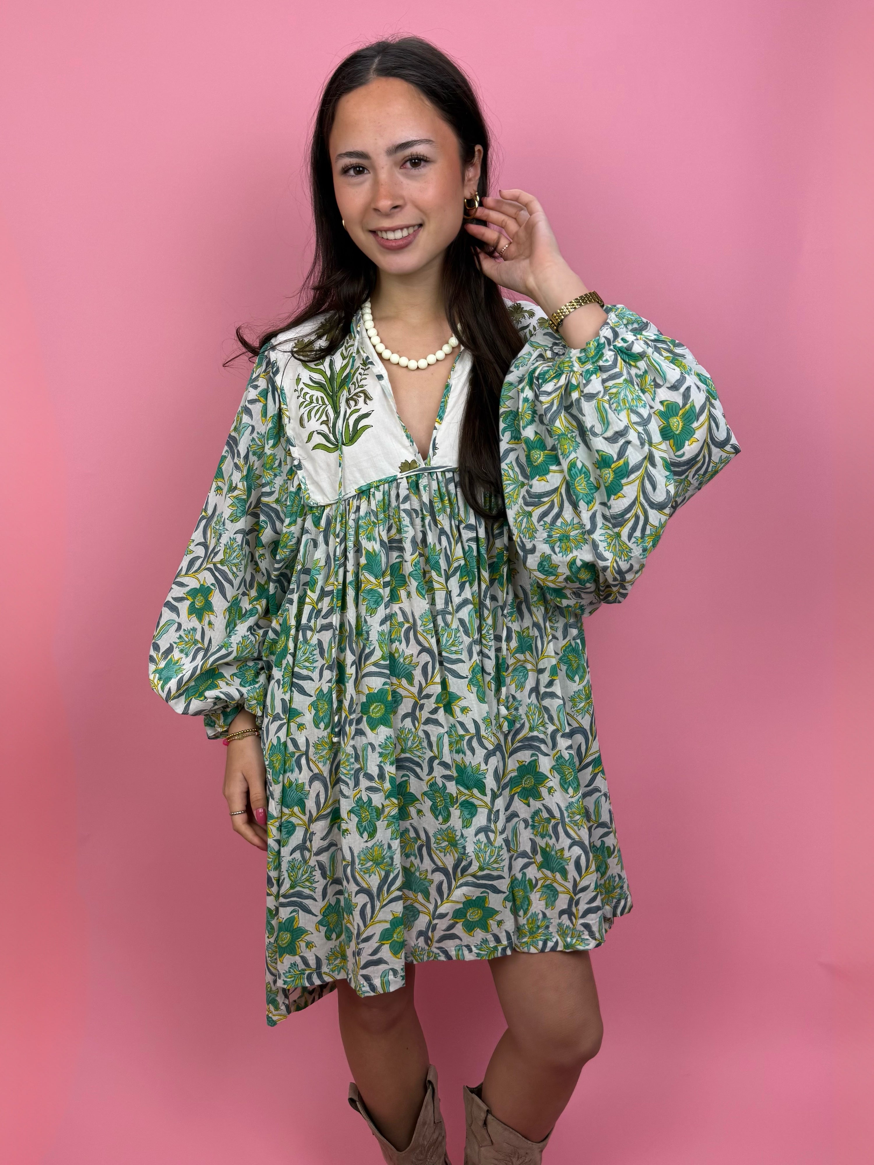 Blockprint Jurk Mini Green