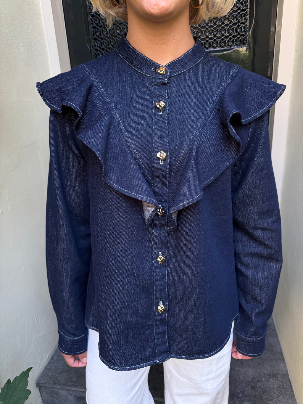 Denim Ruffle Blouse