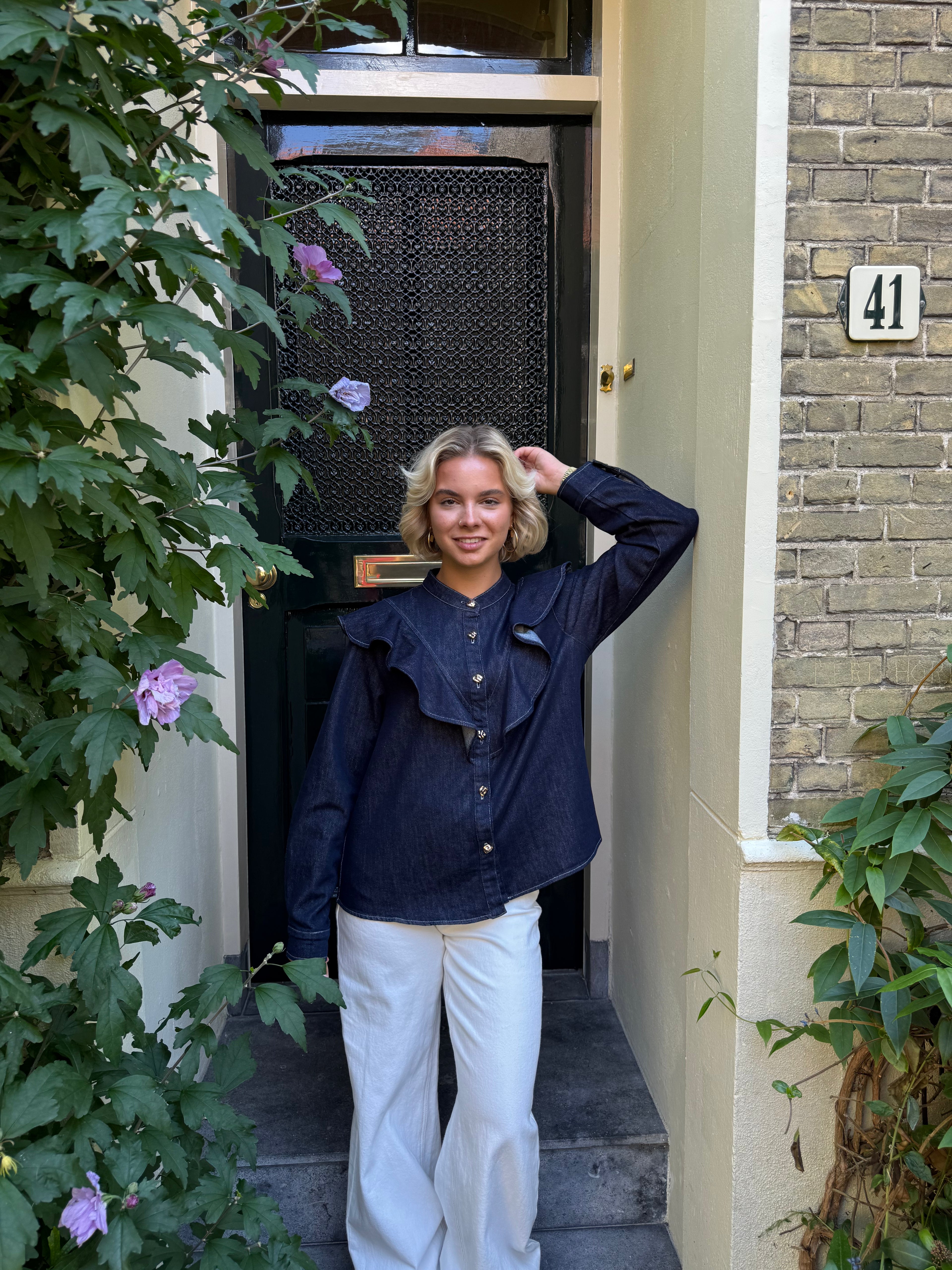 Denim Ruffle Blouse