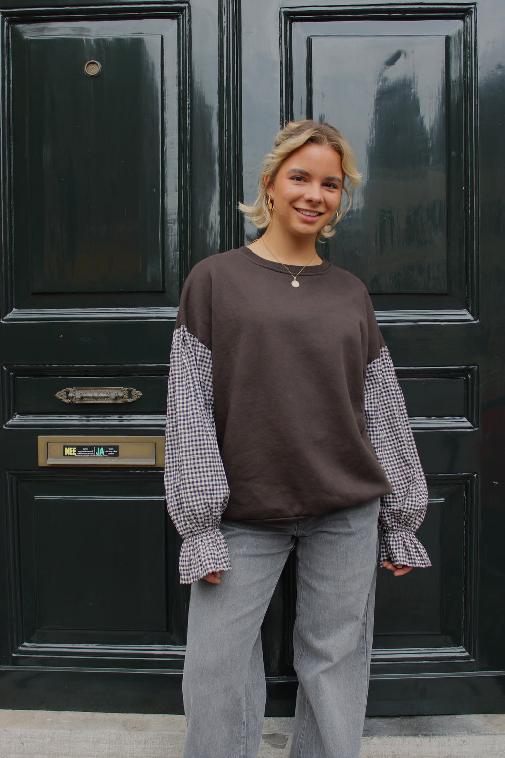 Brown Checkered Sleeve Sweater