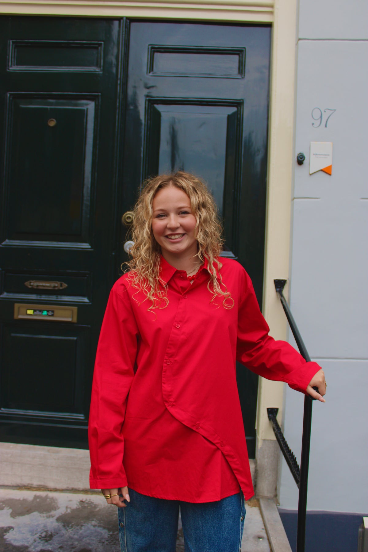 Red Asymmetric Button Blouse