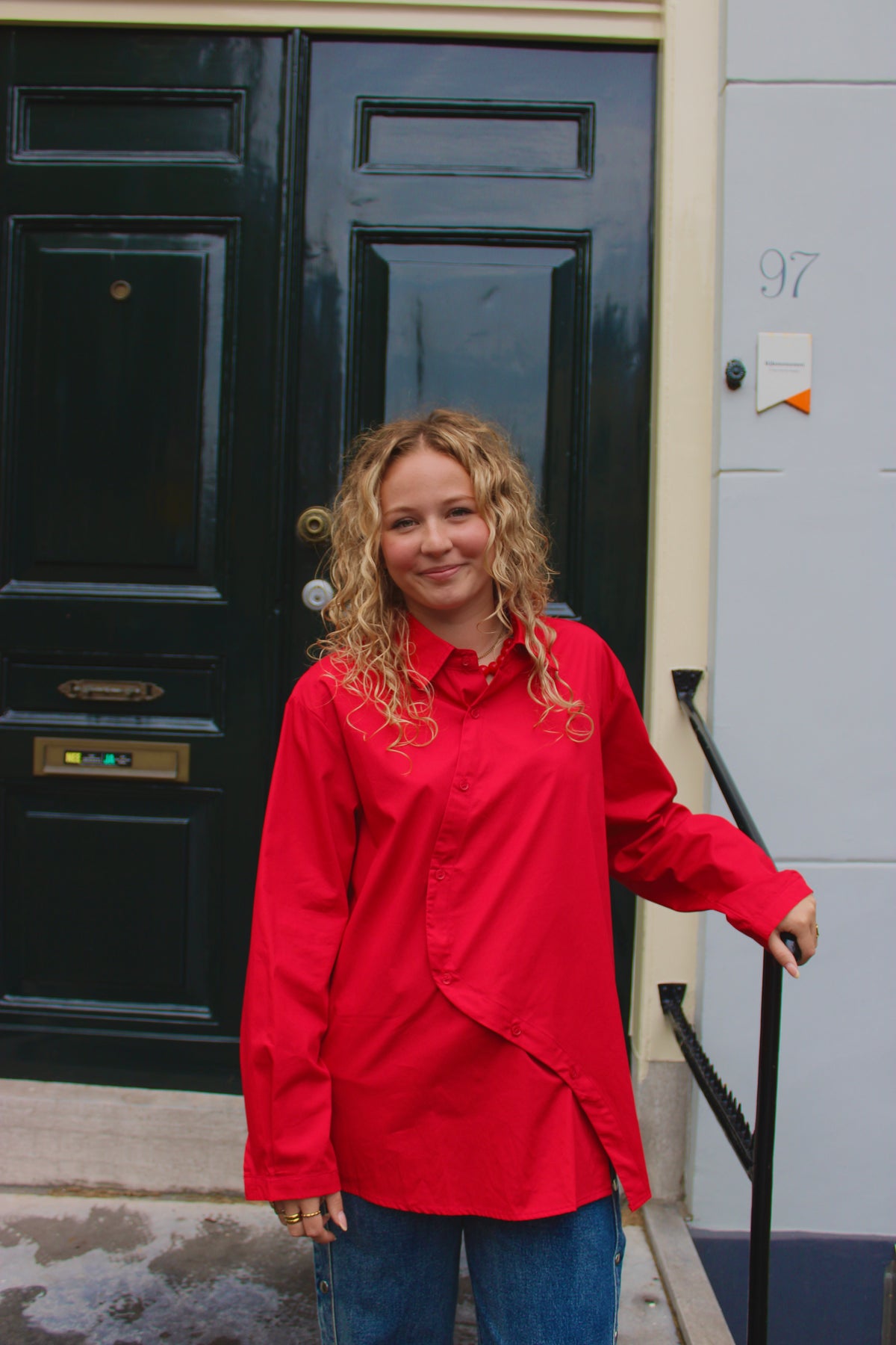 Red Asymmetric Button Blouse