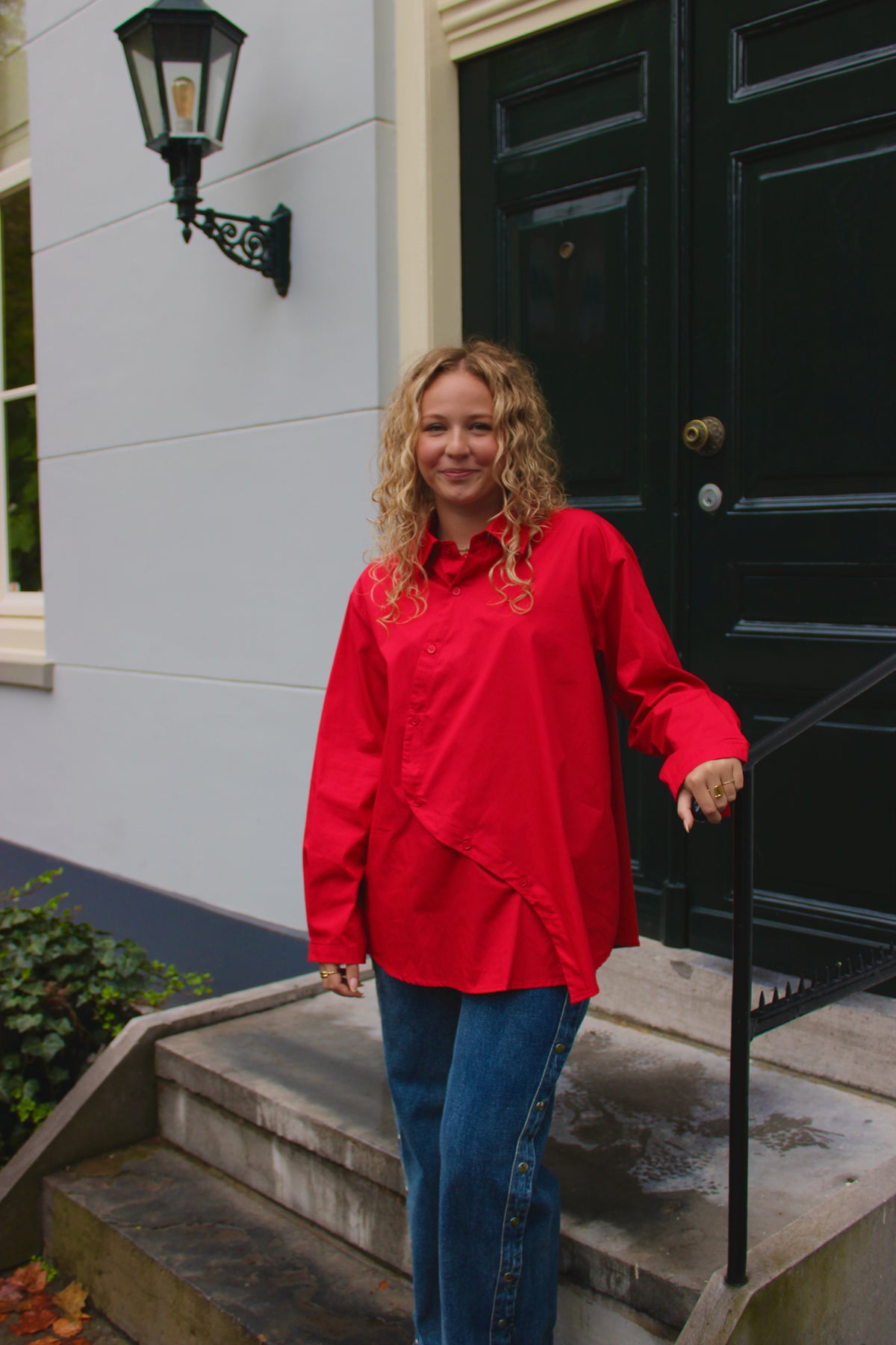 Red Asymmetric Button Blouse