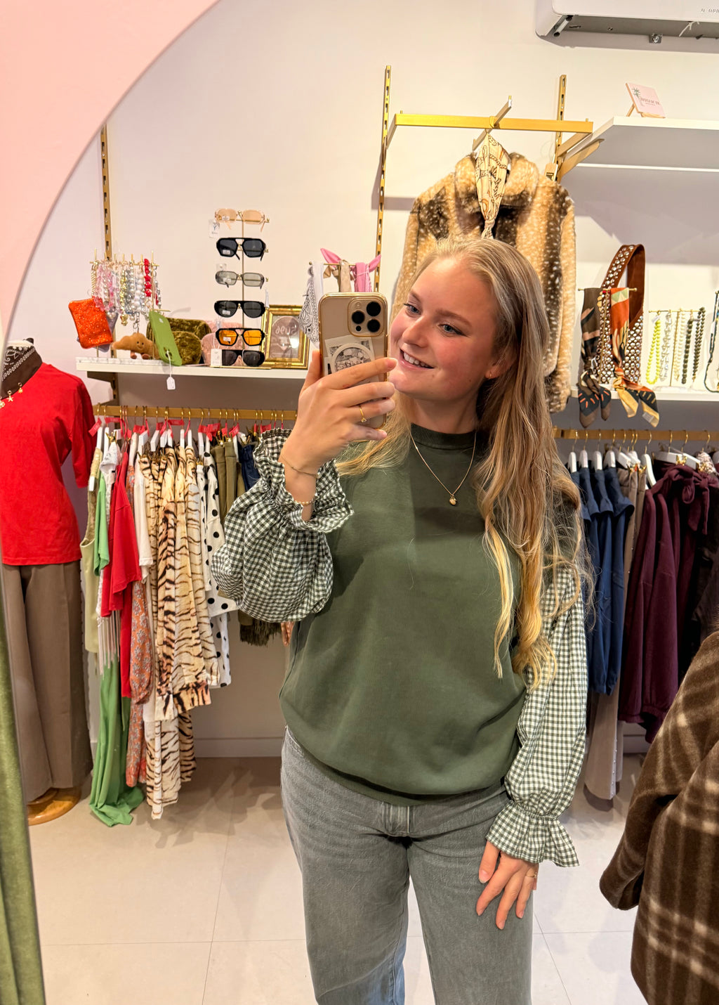 Green Checkered Sleeve Sweater