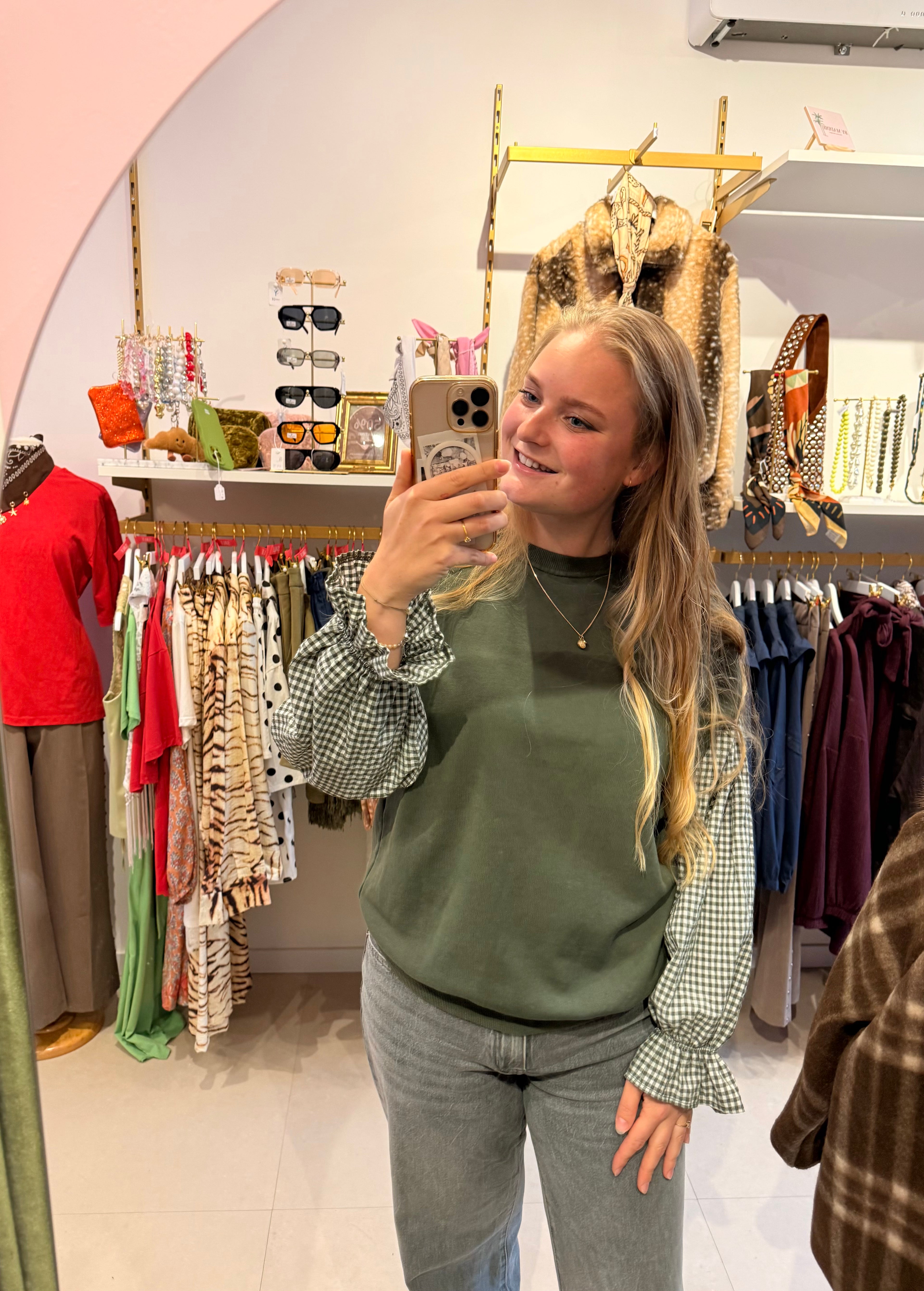Green Checkered Sleeve Sweater