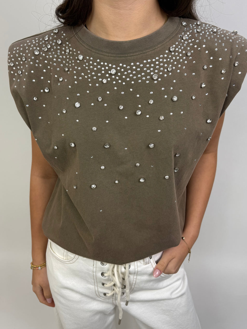Kaki Top met Diamanten