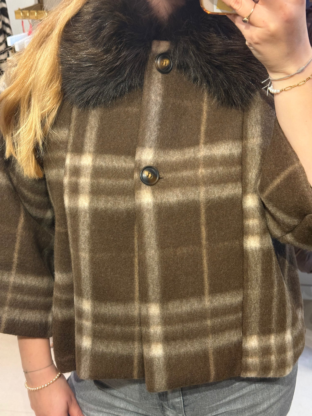 Elegant Geruit Jasje met Faux Fur Kraag